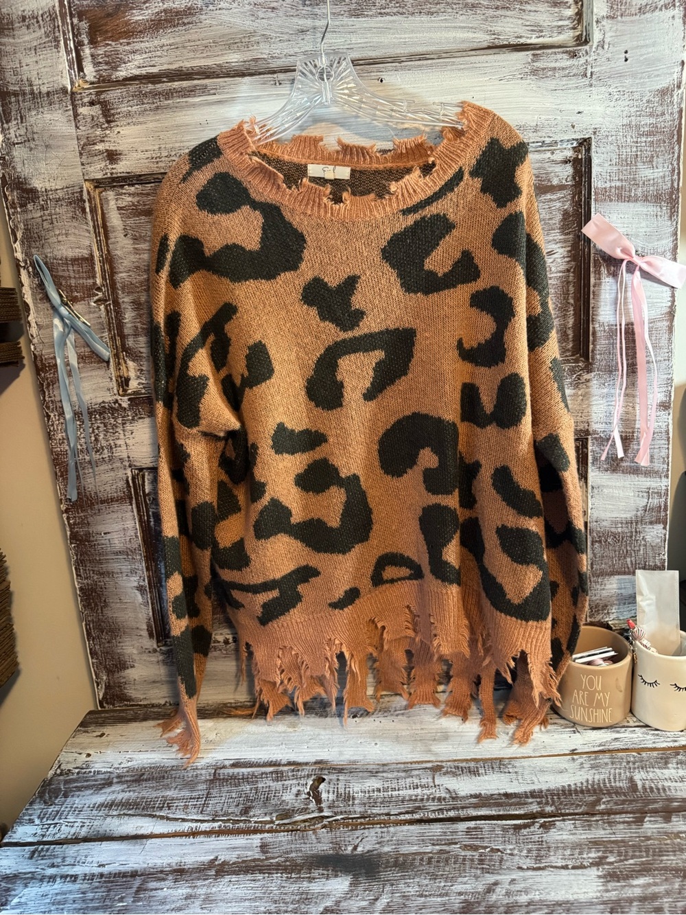 easel Tan and Black Leopard-Print Distressed Crewneck Sweater